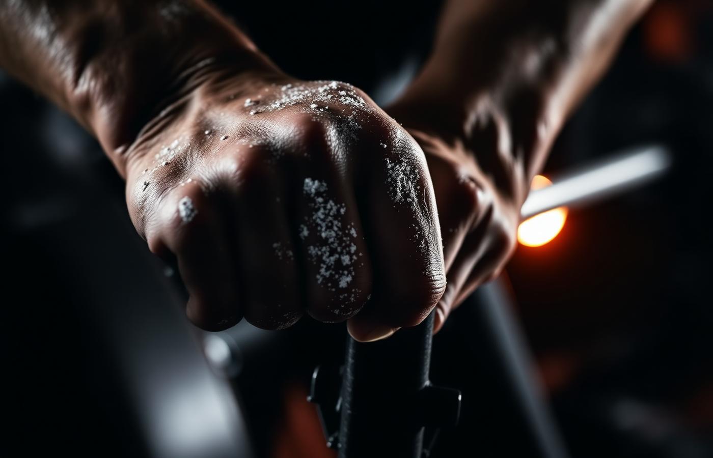 Chalked hand gripping a barbell